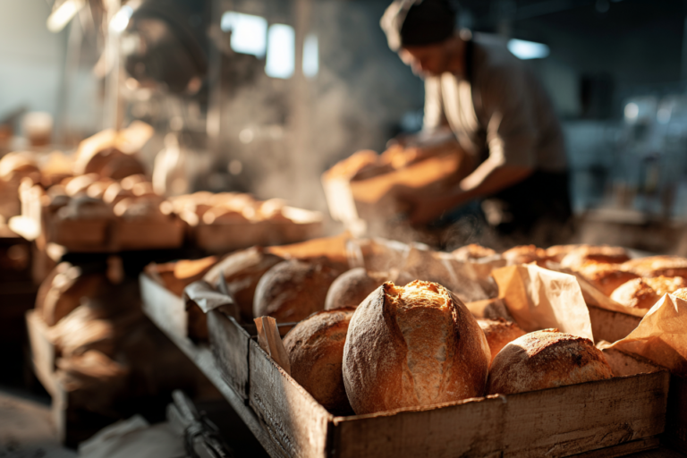 dampfende semmeln im vordergrund, im hintergrund packt jemand bäckereitüten